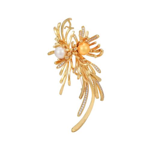 Cubic Zirconia Brooch, Brass, with Shell Pearl, plated, micro pave cubic zirconia & for woman, golden 