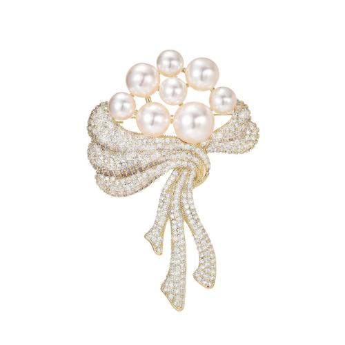 Cubic Zirconia Brooch, Brass, with Shell Pearl, plated, micro pave cubic zirconia & for woman, golden 