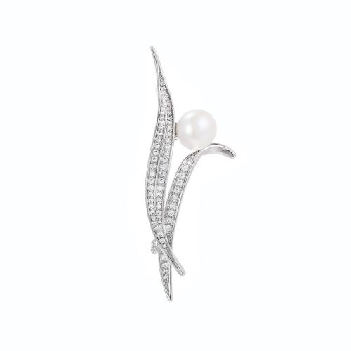 Cubic Zirconia Brooch, Brass, with Shell Pearl, plated, micro pave cubic zirconia & for woman, silver color 