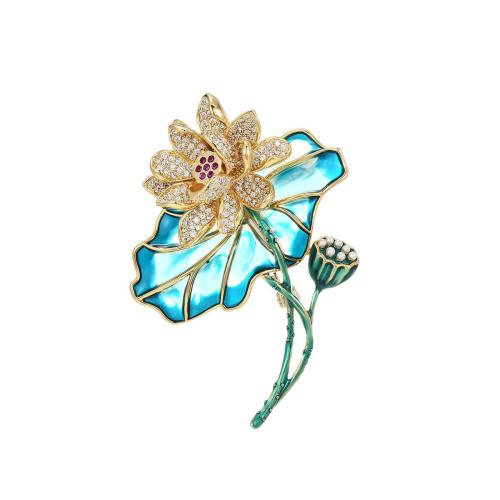 Cubic Zirconia Brooch, Brass, with Shell Pearl, plated, micro pave cubic zirconia & for woman & enamel, golden 