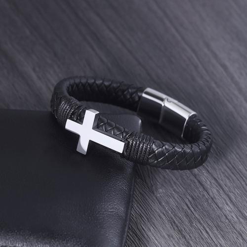 bracelet de cordon en PU , Acier titane, avec cuir PU, croix, normes différentes pour le choix & pour homme, Vendu par PC