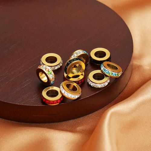 Stainless Steel Beads, 304 Stainless Steel, Round, gold color plated, DIY & with rhinestone 