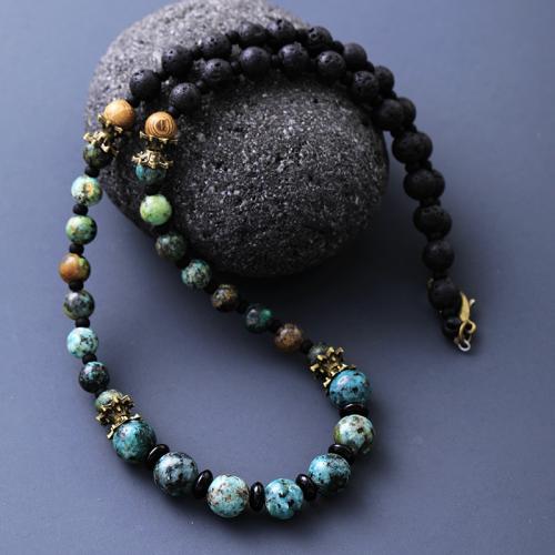 Gemstone Necklaces, Lava, with African Turquoise, Unisex cm 