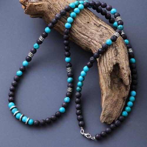 Gemstone Necklaces, turquoise, with Lava & Black Agate, for man cm 