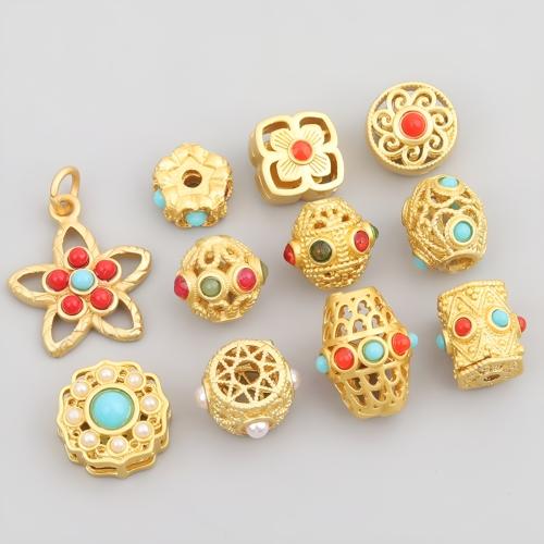 Brass Spacer Beads, with Synthetic Turquoise, matte gold color plated, DIY 