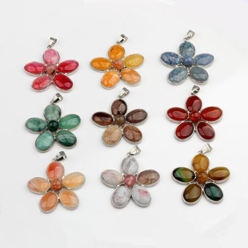 Gemstone Zinc Alloy Pendants, with Zinc Alloy, Flower, silver color plated, DIY [