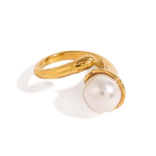 Stainless Steel Finger Ring, 304 Stainless Steel, with Glass Pearl, plated, fashion jewelry & for woman, golden 