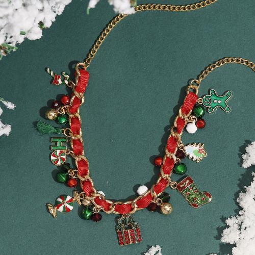 Zinc Alloy Christmas Bracelet, with Polyester Ribbon, plated, for woman & enamel & with rhinestone, golden [