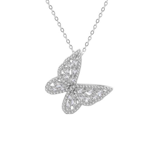 925 Sterling Silver Necklace, with 2inch extender chain, Butterfly, platinum plated, cross chain & for woman & with rhinestone Approx 16.1 Inch 