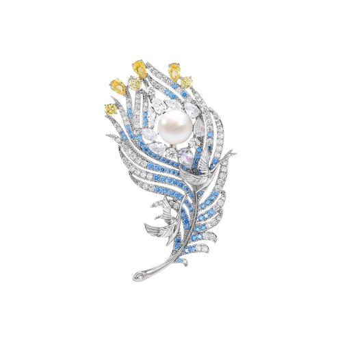 Freshwater Pearl Brooch, Brass, with Freshwater Pearl, plated, micro pave cubic zirconia & for woman, silver color [