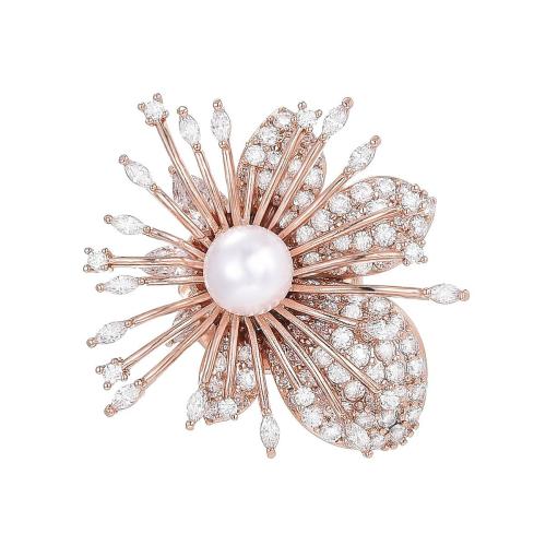 South Sea Shell Brooch, Brass, with Shell Pearl, plated, micro pave cubic zirconia & for woman, rose gold color 