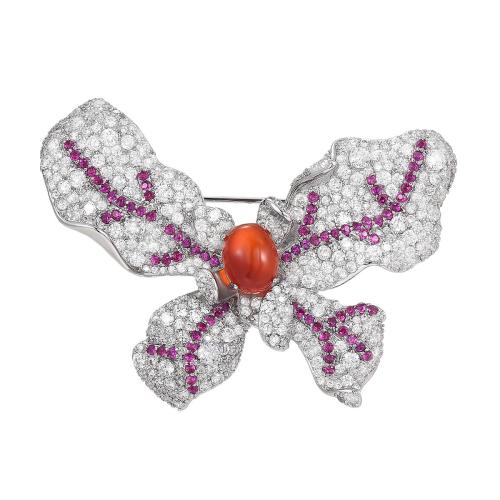 Broche de zircon cubique, laiton, avec agate rouge, Placage, pavé de micro zircon & pour femme, argent Vendu par PC