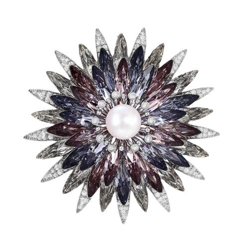 Crystal Brooch, Brass, with Austrian Crystal & Freshwater Pearl, plated, micro pave cubic zirconia & for woman, silver color 