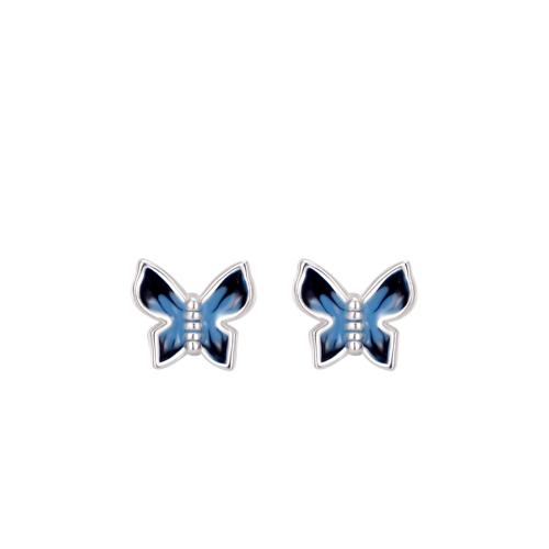 925 Sterling Silver Stud Earring, Butterfly, for woman & enamel, silver color 