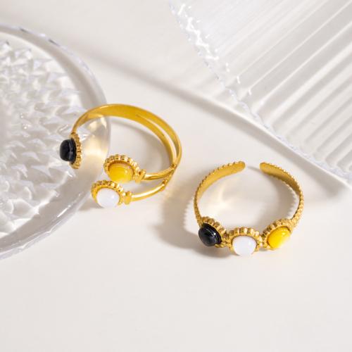 Stainless Steel Finger Ring, 304 Stainless Steel, with Black Shell & Yellow Shell & White Shell, gold color plated & for woman 