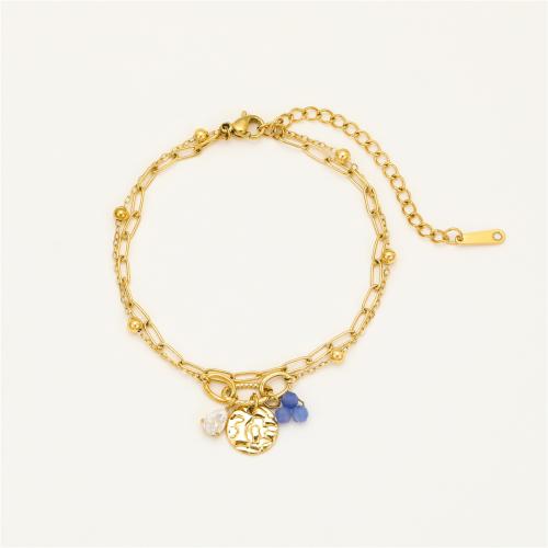 Acero inoxidable Pulsera con dijes, acero inoxidable 304, con Cuentas de vidrio, 18K chapado en oro, Joyería & micro arcilla de zirconia cúbica & para mujer, Vendido por UD