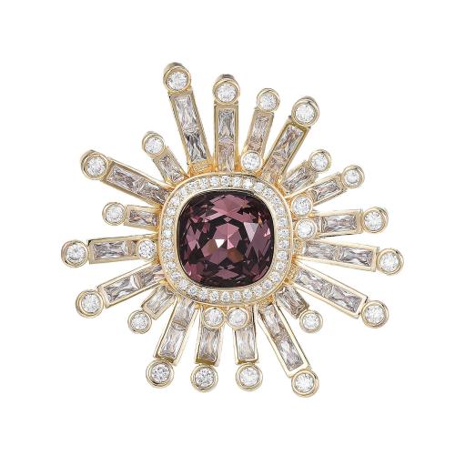 Crystal Brooch, Brass, with Austrian Crystal, plated, micro pave cubic zirconia & for woman, golden 