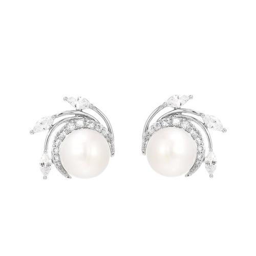 clou d'oreille de coquille de la mer du sud, laiton, avec Shell Pearl, Placage, pavé de micro zircon & pour femme, argent Vendu par paire[