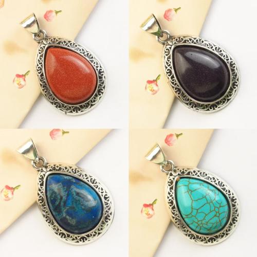 Gemstone Zinc Alloy Pendants, with Natural Stone, Teardrop, silver color plated, DIY 