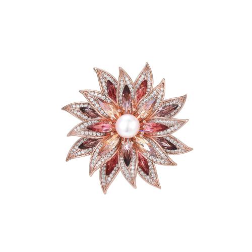 laiton broche, avec Cristal autrichien & perle d'eau douce cultivée, Placage, pavé de micro zircon & pour femme, couleur or rose Vendu par PC