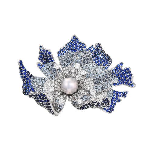 South Sea Shell Brooch, Brass, with Shell Pearl, plated, micro pave cubic zirconia & for woman, silver color 