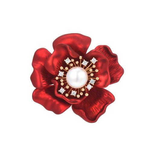 South Sea Shell Brooch, Brass, with Shell Pearl, plated, micro pave cubic zirconia & for woman, red 