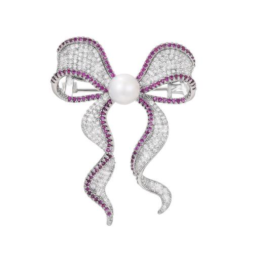 South Sea Shell Brooch, Brass, with Shell Pearl, plated, micro pave cubic zirconia & for woman, silver color 