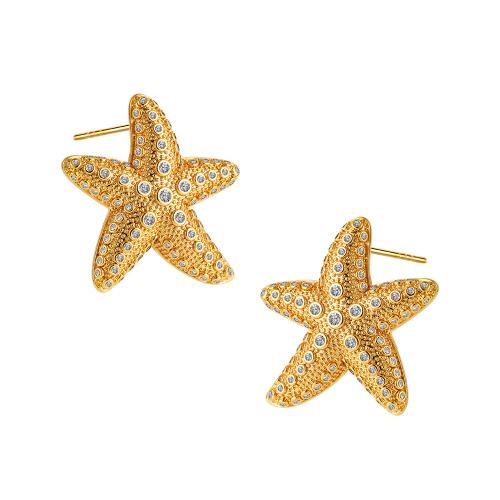 Rhinestone Brass Stud Earring, Starfish, 18K gold plated, fashion jewelry & for woman & with rhinestone [