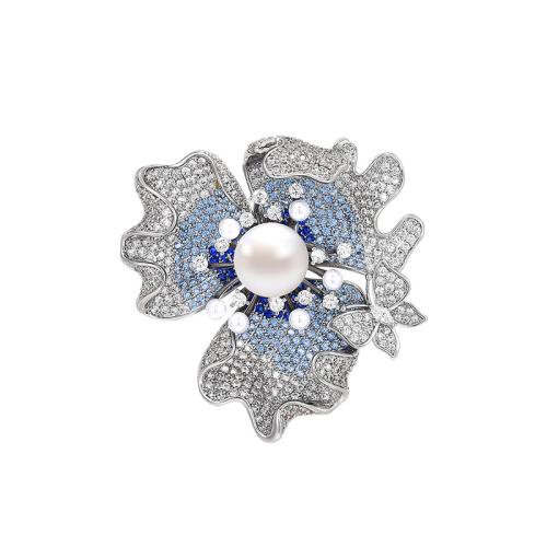 South Sea Shell Brooch, Brass, with Shell Pearl, plated, micro pave cubic zirconia & for woman, silver color 