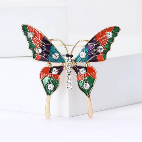 Broche émail, alliage de zinc, papillon, Placage de couleur d'or, pour femme & avec strass, multicolore, Vendu par PC