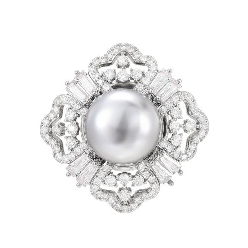 South Sea Shell Brooch, Brass, with Shell Pearl, plated, micro pave cubic zirconia & for woman, silver color 