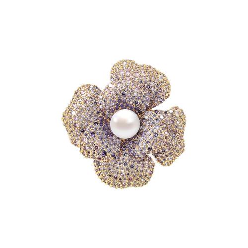 Broche perle d'eau douce, laiton, avec perle d'eau douce cultivée, pavé de micro zircon & pour femme, doré Vendu par PC