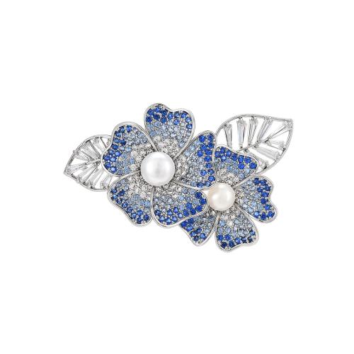 Broche perle d'eau douce, laiton, avec perle d'eau douce cultivée, Placage, pavé de micro zircon & pour femme, argent Vendu par PC