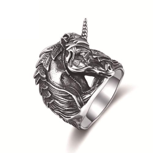 304 Stainless Steel Finger Ring, Unicorn & for man & blacken, original color, US Ring 