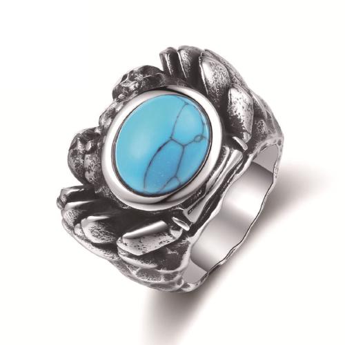 304 Stainless Steel Finger Ring, with turquoise, Crab & for man & blacken, original color, US Ring 