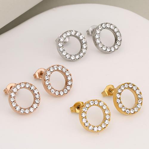 Stainless Steel Cubic Zirconia Stud Earring, 304 Stainless Steel, Round, plated, micro pave cubic zirconia & for woman & hollow 