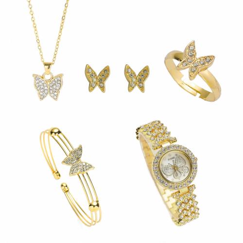 Rhinestone en alliage de zinc bijoux , Boucle d’oreille stud & bracelet & montre & bague, anneau & collier, avec verre & Acier inoxydable 304, papillon, Placage de couleur d'or, pour femme & avec strass Vendu par fixé