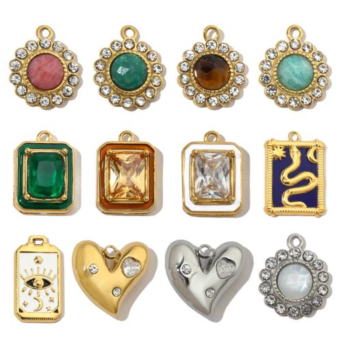 Rhinestone Stainless Steel Pendants, 304 Stainless Steel, with Cubic Zirconia & Gemstone & Shell, Vacuum Ion Plating & DIY & enamel & with rhinestone 