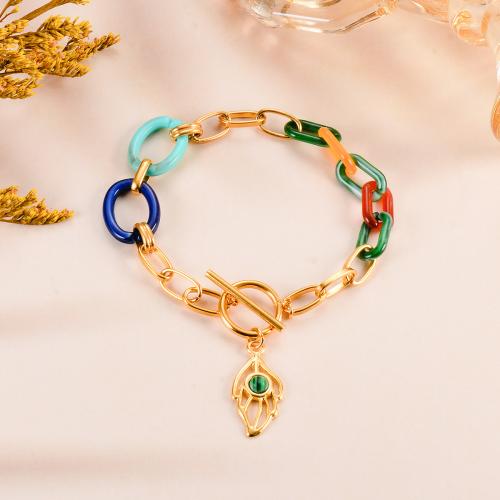 Stainless Steel Charm Bracelet, 304 Stainless Steel, with Acrylic, gold color plated, for woman [