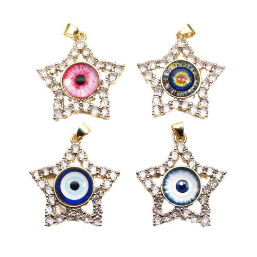 Fashion Evil Eye Pendant, Brass, Star, gold color plated, DIY & micro pave cubic zirconia & hollow 