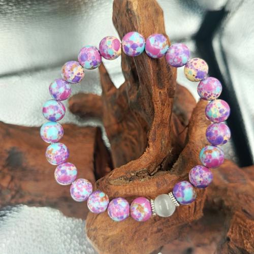 Gemstone Bracelets, Moonstone, with Elastic Thread & Impression Jasper, Round, Unisex, purple 