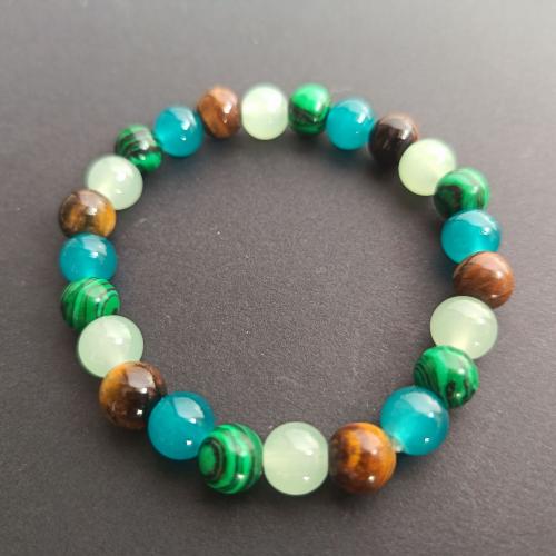 Gemstone Bracelets, Malachite, with Tiger Eye, Round, Unisex 