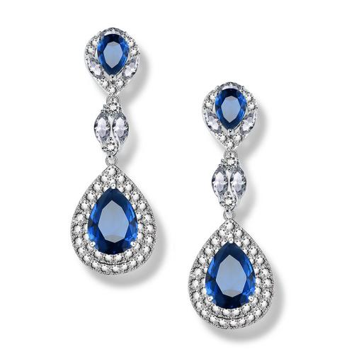 laiton Boucle d'oreille goutte, larme, Plaqué de platine, pavé de micro zircon & pour femme, earring length 35-50mm, Vendu par paire[