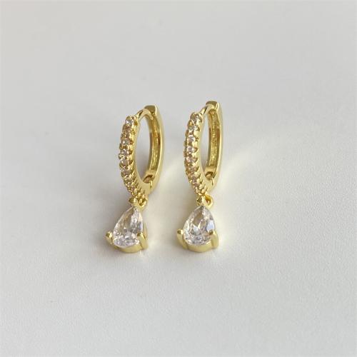 Brass Huggie Hoop Drop Earring, Teardrop, gold color plated, micro pave cubic zirconia & for woman [