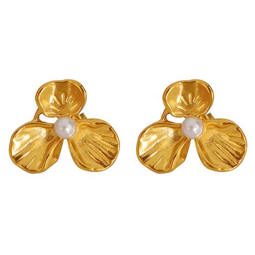 Arete de acero inoxidable , acero inoxidable 304, con Perlas plásticas, Flor, 18K chapado en oro, Joyería & para mujer, Vendido por Par