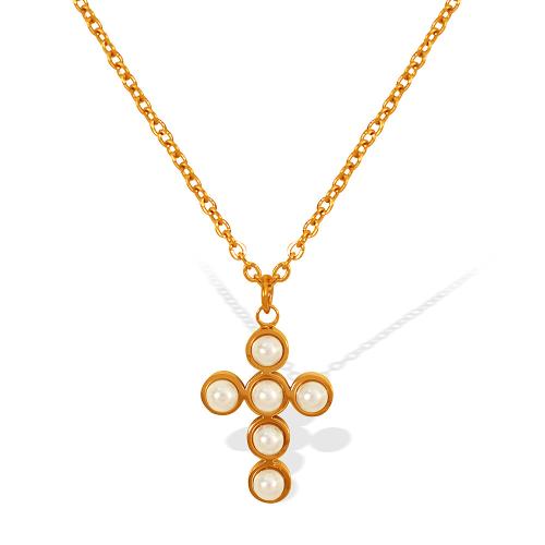 Collier de bijoux en acier inoxydable, Acier inoxydable 304, avec perle de plastique, avec 5cm chaînes de rallonge, croix, Placage de couleur d'or, bijoux de mode & pour femme cm, Vendu par PC
