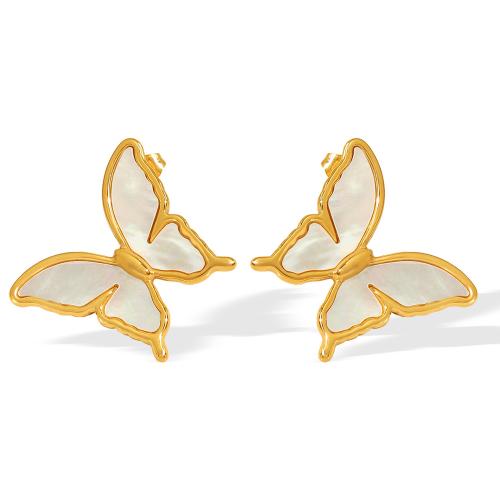 Boucles d'oreilles en coquille blanche, Acier inoxydable 304, avec coquille blanche, papillon, Plaqué or 18K, bijoux de mode & pour femme, Vendu par paire[