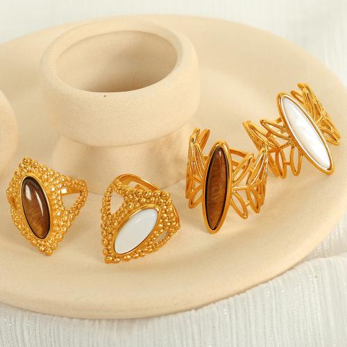 Stainless Steel Finger Ring, 304 Stainless Steel, with White Shell, plated & for woman & hollow, golden, US Ring 