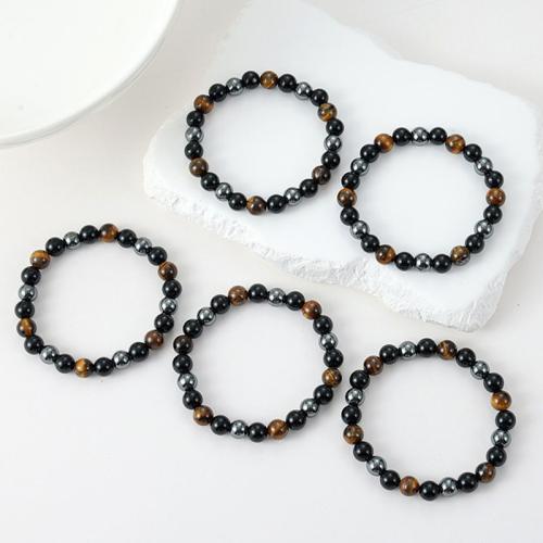 Gemstone Bracelets, Obsidian, with Tiger Eye & Hematite, fashion jewelry & elastic & Unisex, mixed colors, 8mm Approx 19 cm 