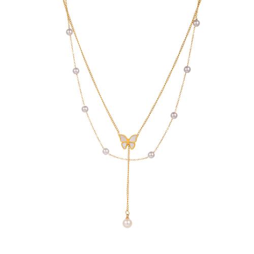 Collier de bijoux en acier inoxydable, Acier inoxydable 304, avec perle de plastique, Placage, Double couche & bijoux de mode & pour femme, doré, Vendu par PC